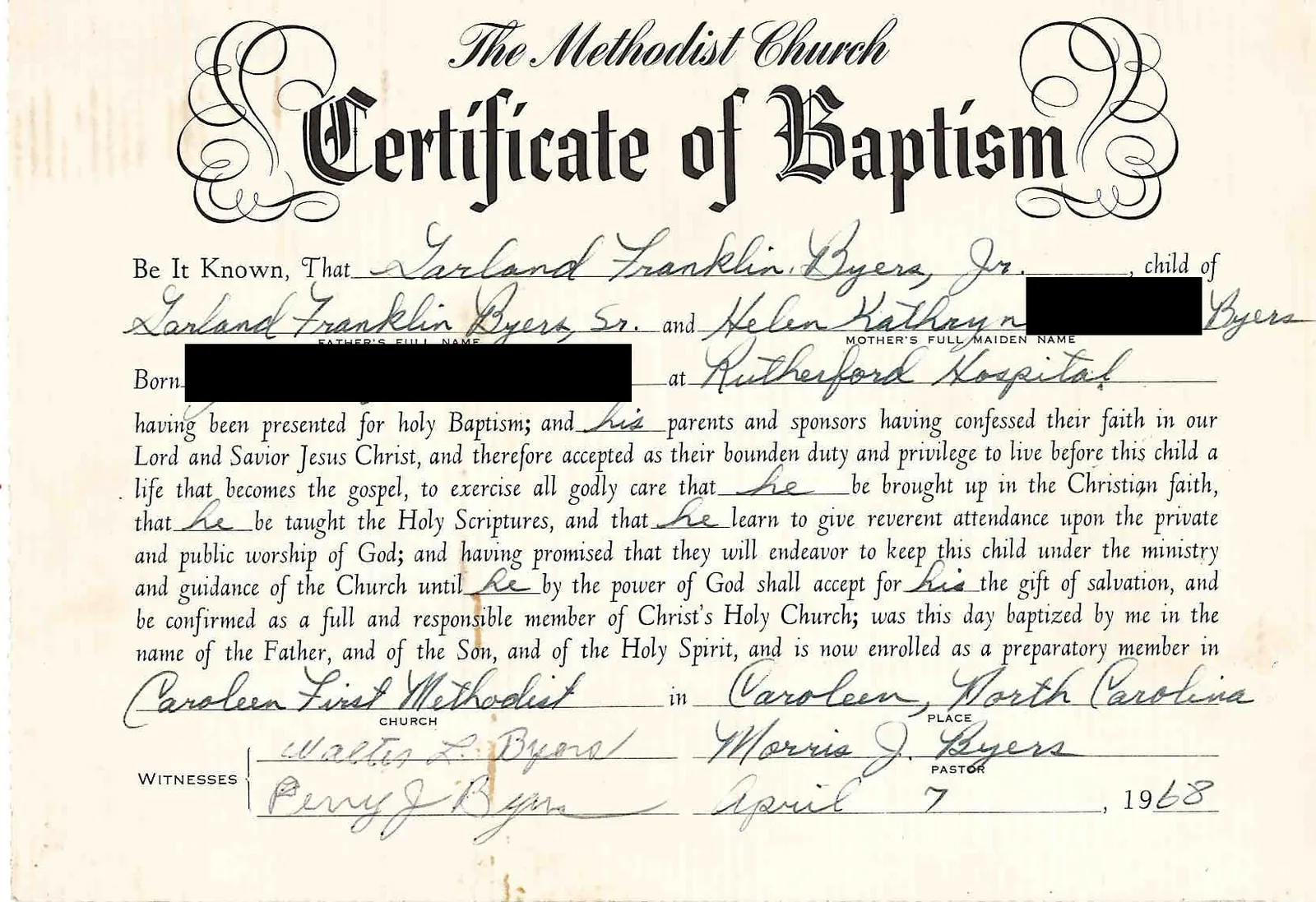 Taufurkunde von Garland Franklin Byers, Jr.