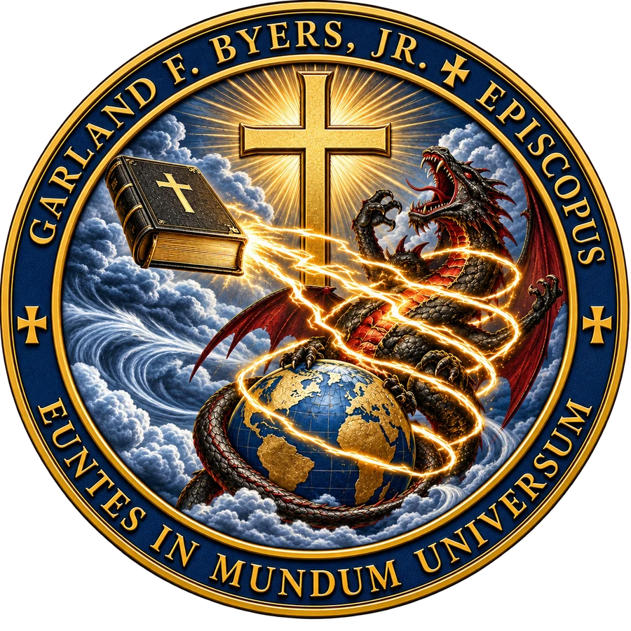 Bischofssiegel von Garland F. Byers, Jr.: ein goldenes Kreuz, das Licht ausstrahlt; die Heilige Bibel, von der Blitze ausgehen, die sich um einen Drachen winden, der sich um die Weltkugel ringelt; Sturmwolken und tosende Wasser; ein blaues Feld innerhalb eines goldenen Randes mit der Inschrift Garland F. Byers, Jr., Episcopus, und dem Wahlspruch Euntes in Mundum Universum