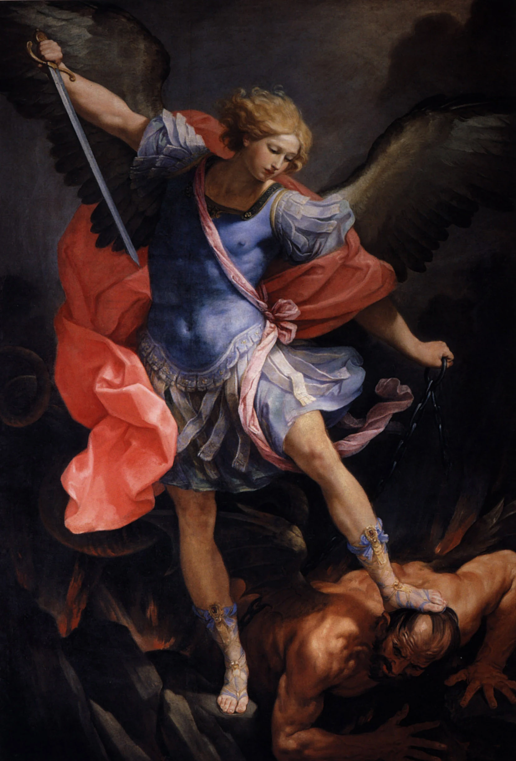 Baş mələk Müqəddəs Mikail, qılıncı qaldırılmış, ayağı Şeytanın üzərində; Guido Reninin tablosu, 1635