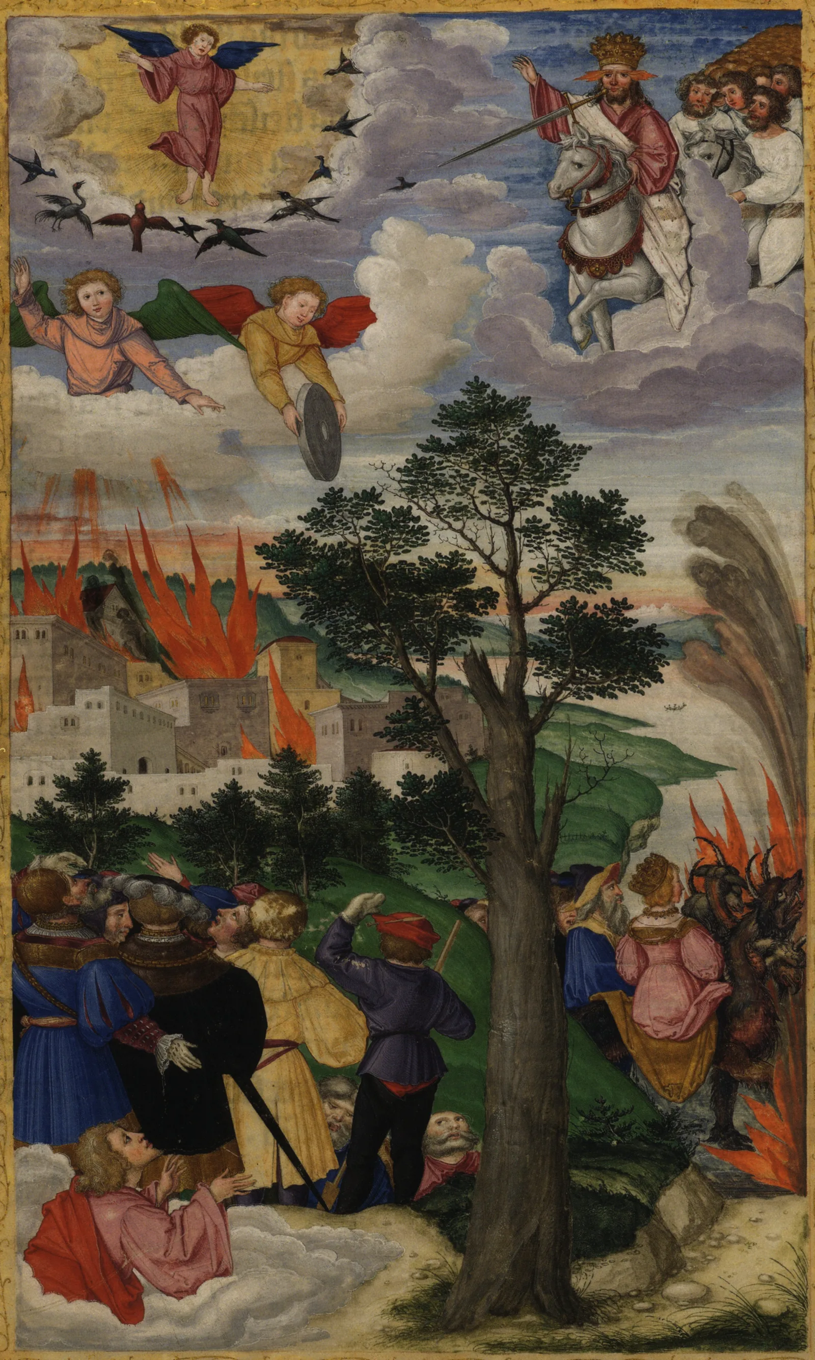 A tall Renaissance painting. At the top, Christ, crowned, rides a white horse with a sword coming from His mouth, followed by the armies of heaven, while an angel standing in the sun calls the birds. Below, an angel casts a great millstone, the city burns, kings and merchants look on in mourning, and at the lower right the beast is cast into the fire.