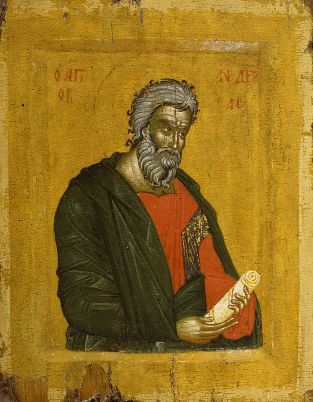 Griechische Ikone des heiligen Apostels Andreas mit einer Schriftrolle, 14. Jahrhundert, Walters Art Museum